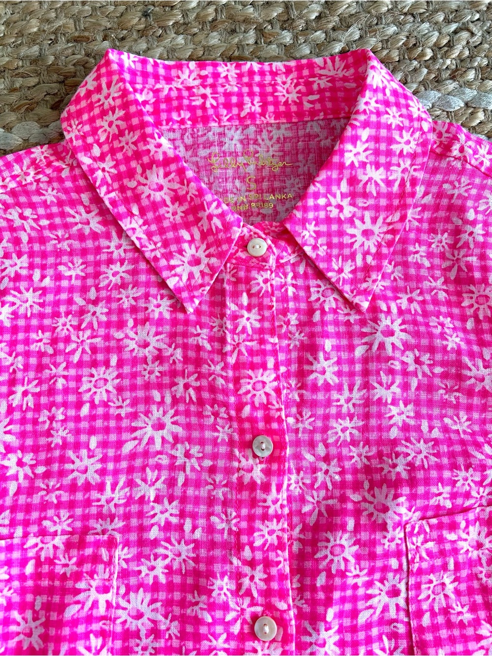 Lilly Pulitzer Sea View Linen Button Down Top Pink Check You Out - Picture 4 of 7